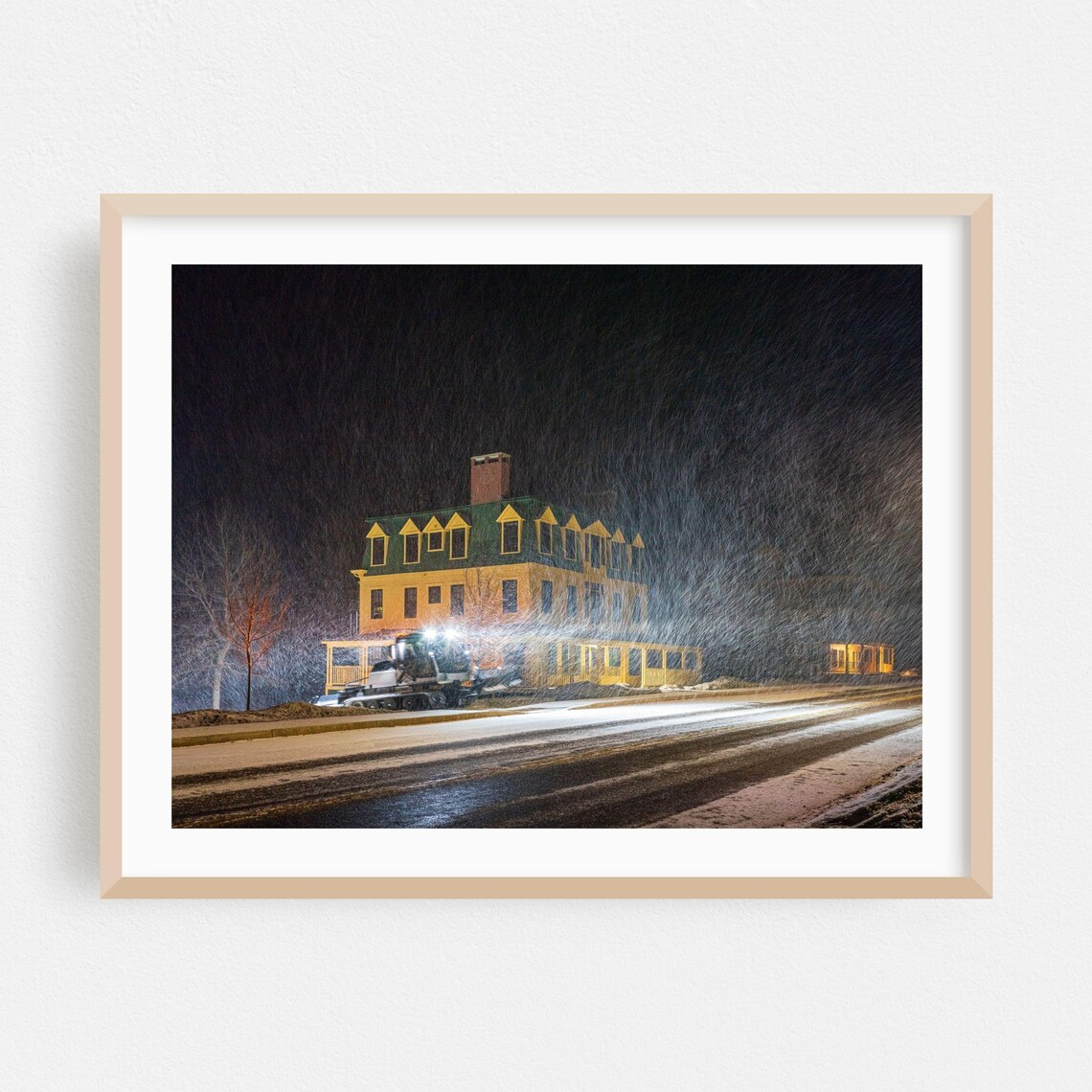 Snowy Night Winter Street Photography Poster With Falling Snow And Lit House