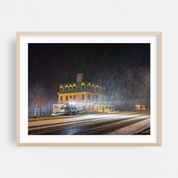 Snowy Night Winter Street Photography Poster With Falling Snow And Lit House