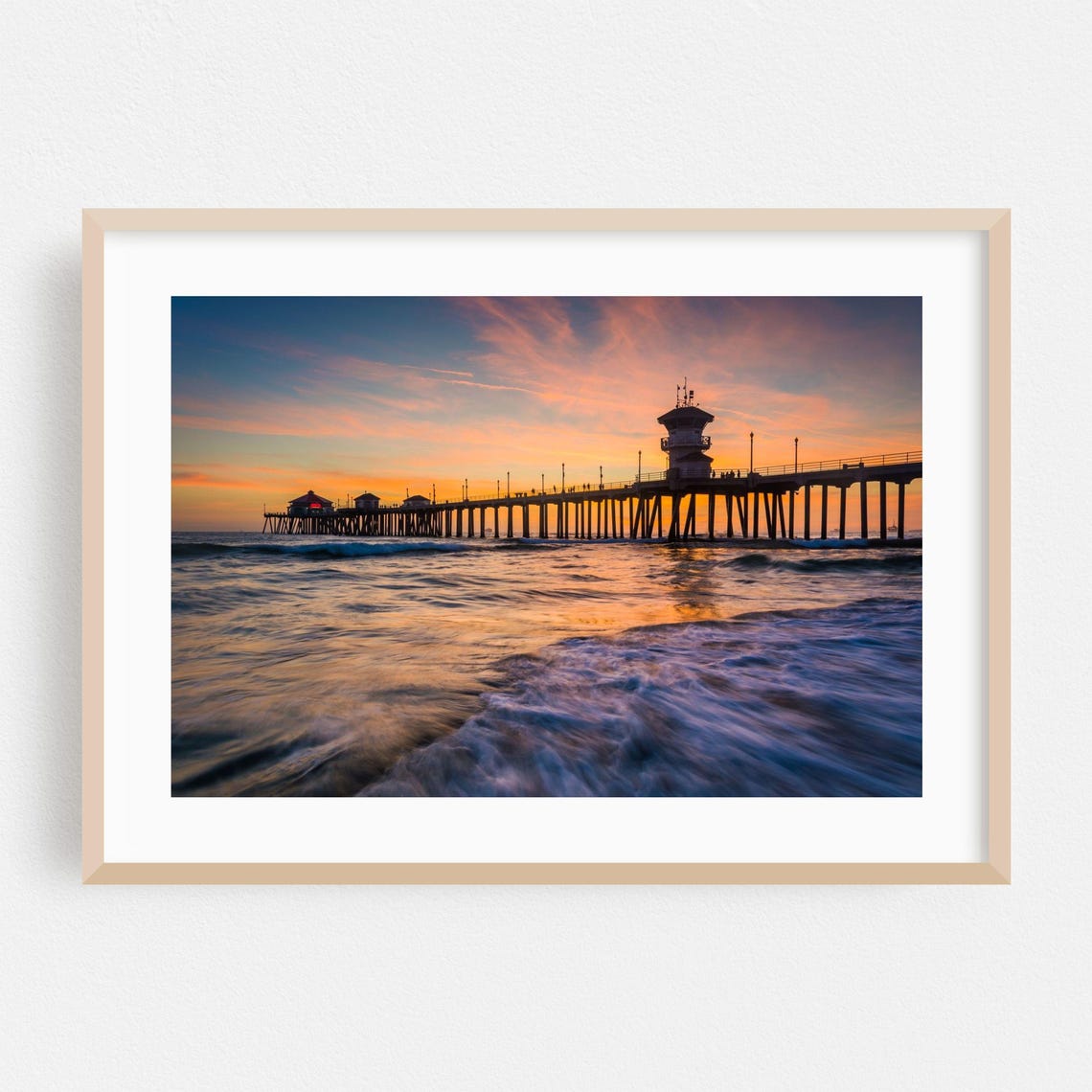 Huntington Beach Pier At Sunset Ocean Waves Long Exposure Poster