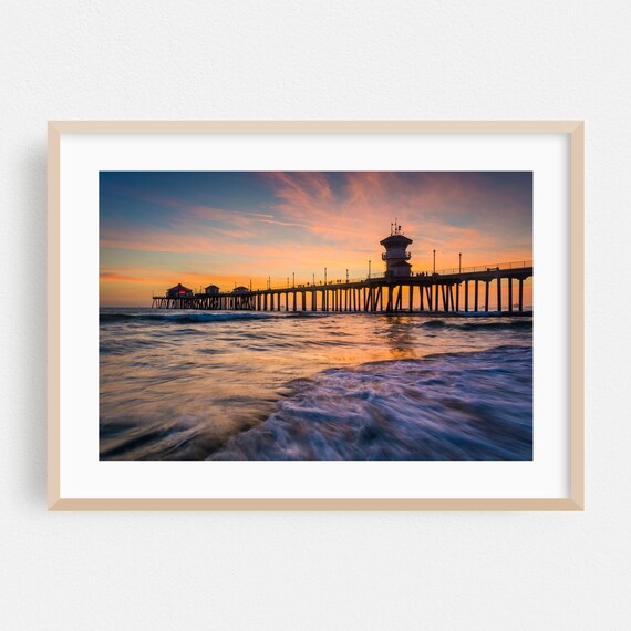Huntington Beach Pier At Sunset Ocean Waves Long Exposure Poster