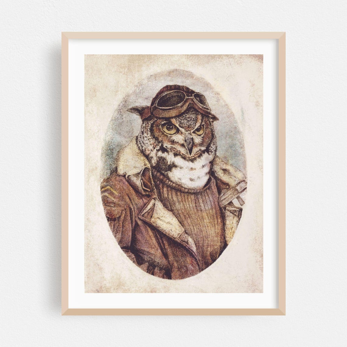 Owl Aviator Pilot Goggles Leather Jacket Vintage Portrait Poster