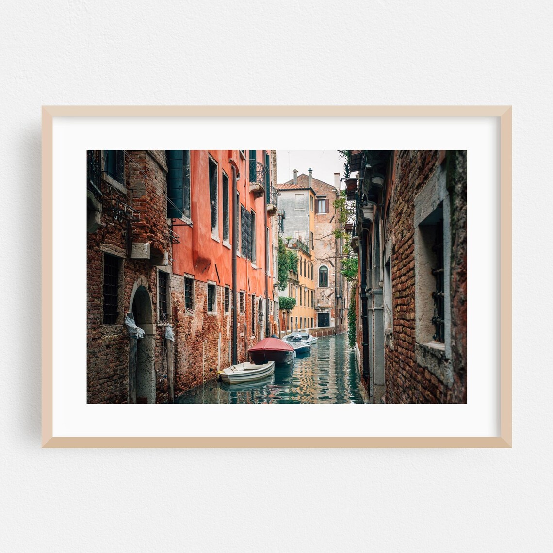 Venice Canal With Moored Boats Brick Buildings Photography Poster
