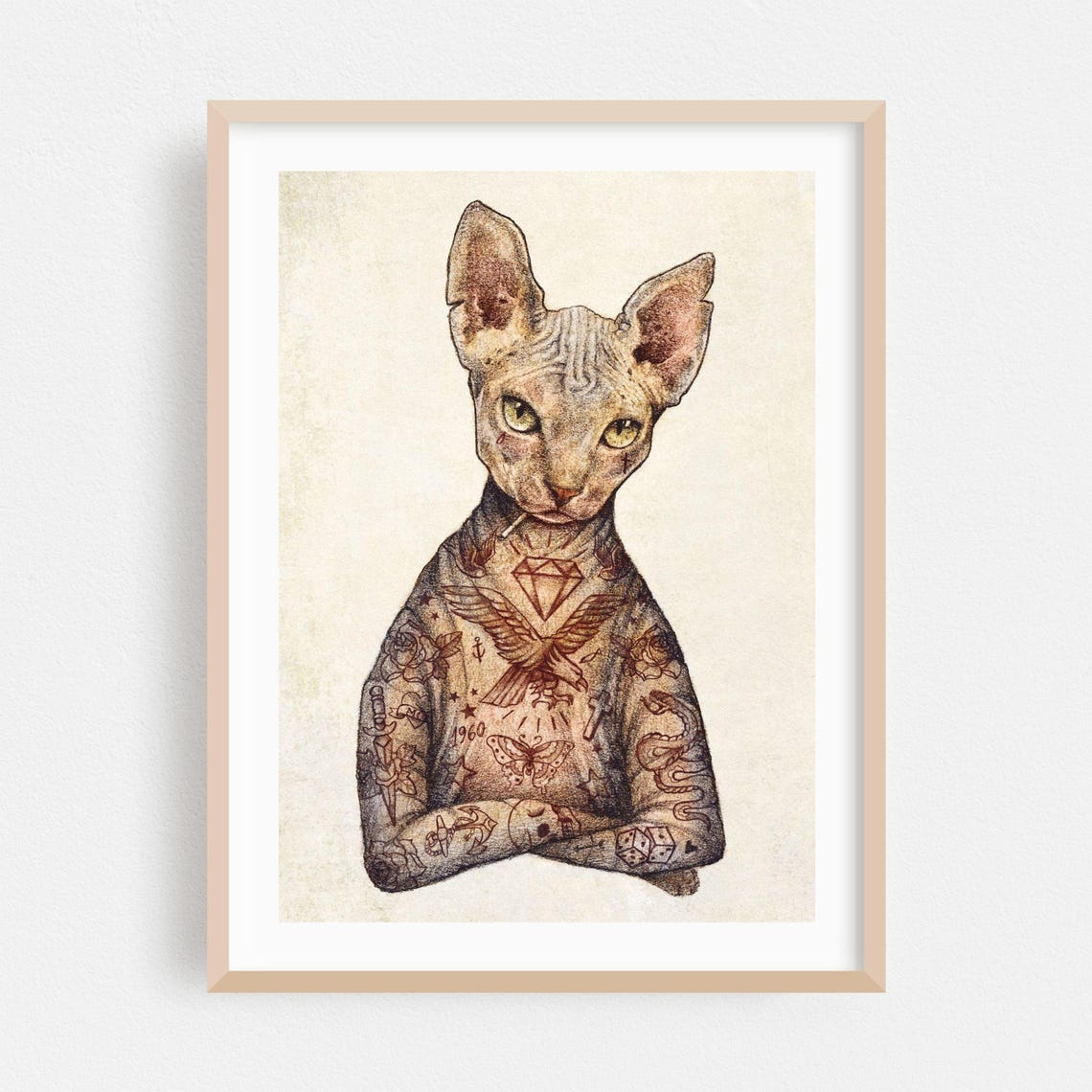 Tattooed Sphynx Cat Diamond Eagle Vintage Animal Portrait Poster