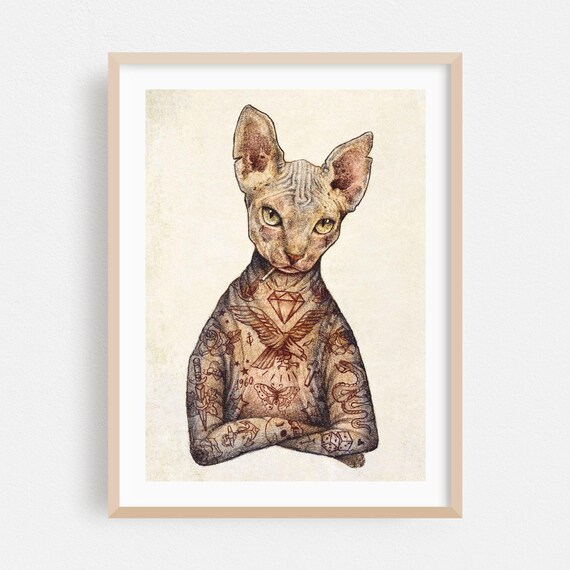 Tattooed Sphynx Cat Diamond Eagle Vintage Animal Portrait Poster