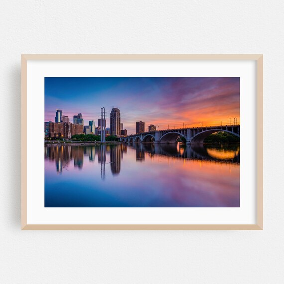 Minneapolis Skyline Sunset Stone Arch Bridge River Photo Poster