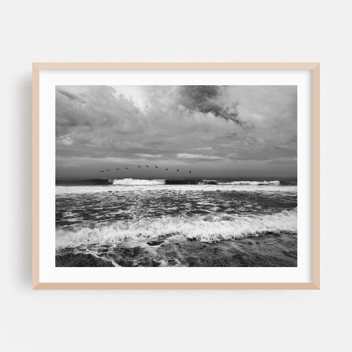 Ocean City Maryland Black and White Seascape Birds Waves Photo Poster