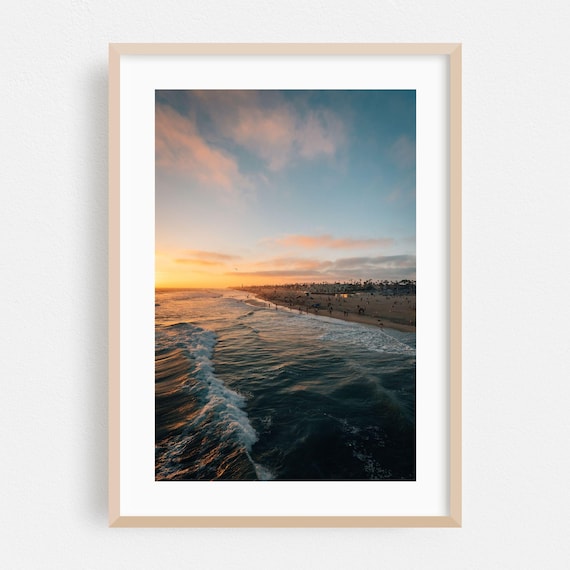 Huntington Beach Print Wall Art Framed Sunset Home Decor Ocean Poster Coast Fine Waves Palm Tree Scenic