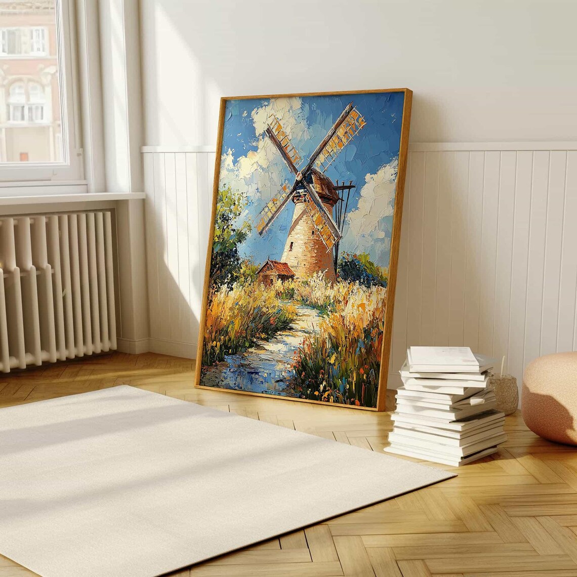 Dutch Windmill in Golden Wheat Field Impasto Oil Painting Poster - Image 5