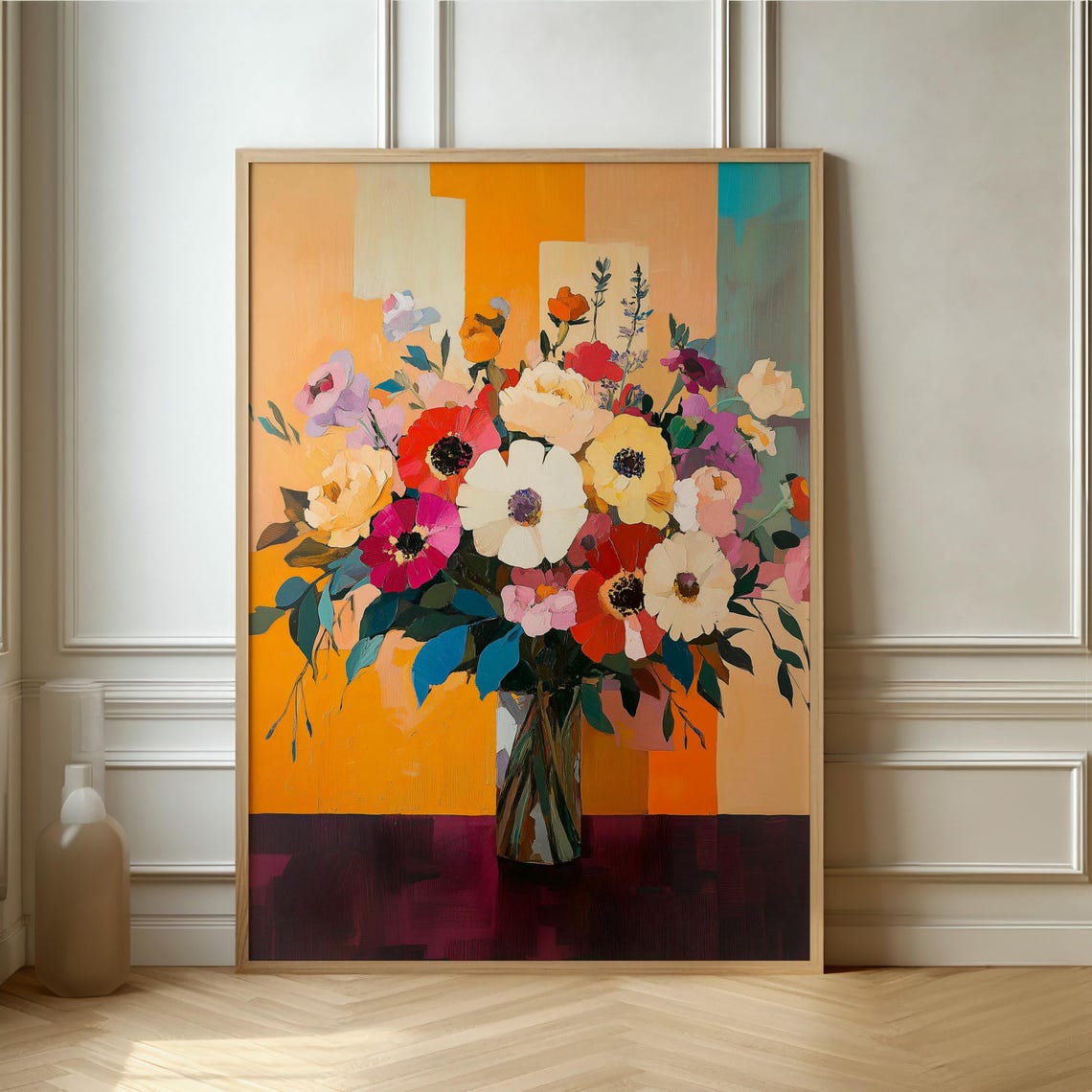 Bold Abstract Flower Bouquet In A Vase On Warm Orange Poster