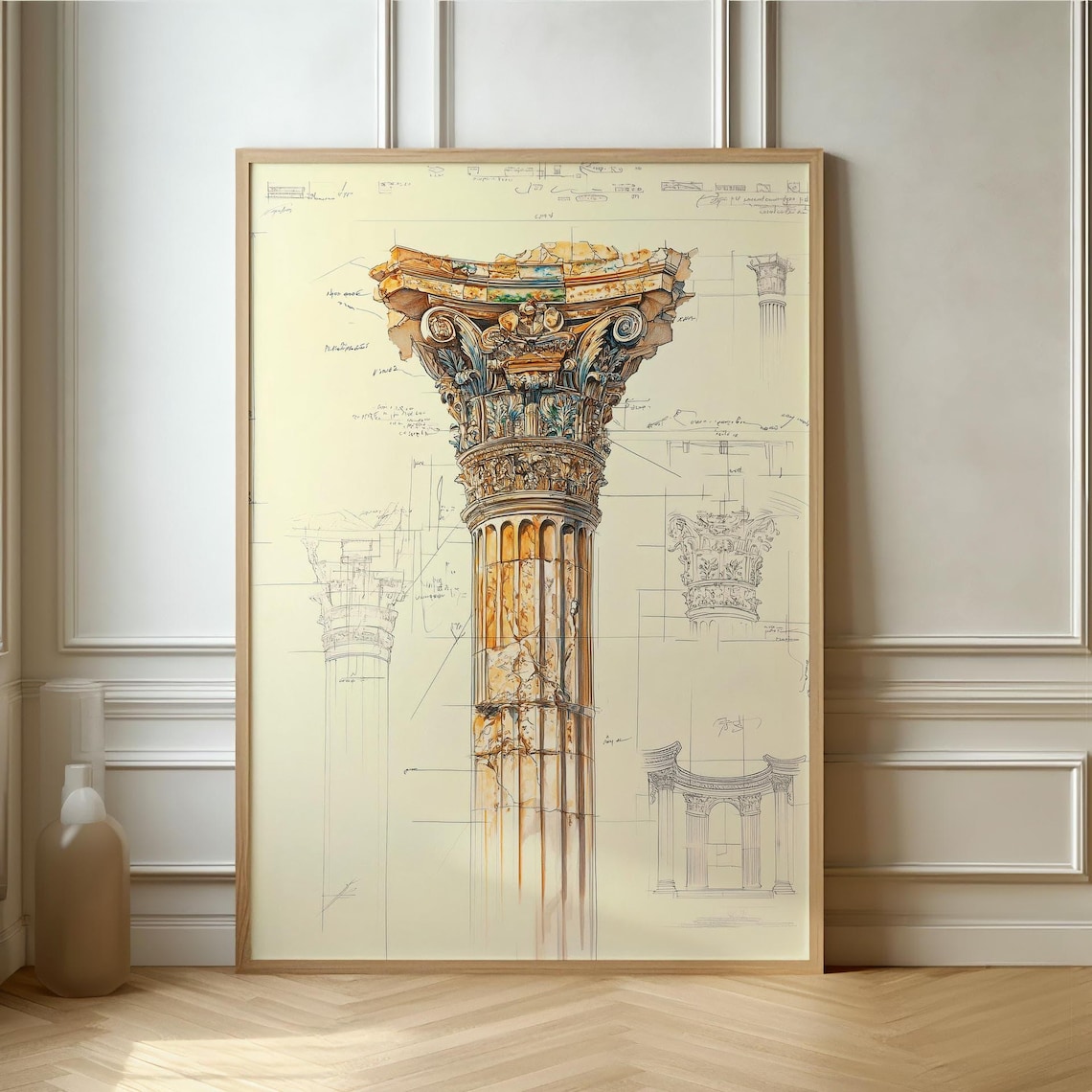 Architectural Column Blueprint Art Print, Study Decor