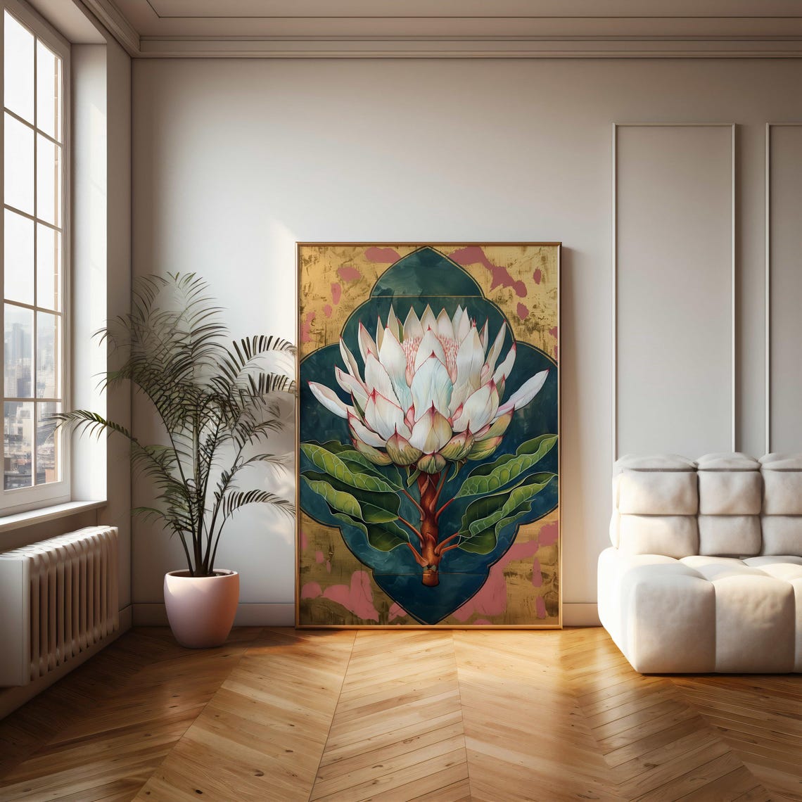 Majestic White King Protea Gold Leaf Ornate Botanical Art Poster - Image 2