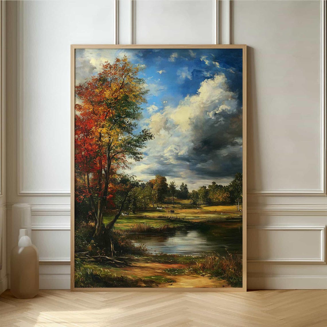 Peaceful Autumn Meadow with Pond and Dramatic Clouds Painting Poster