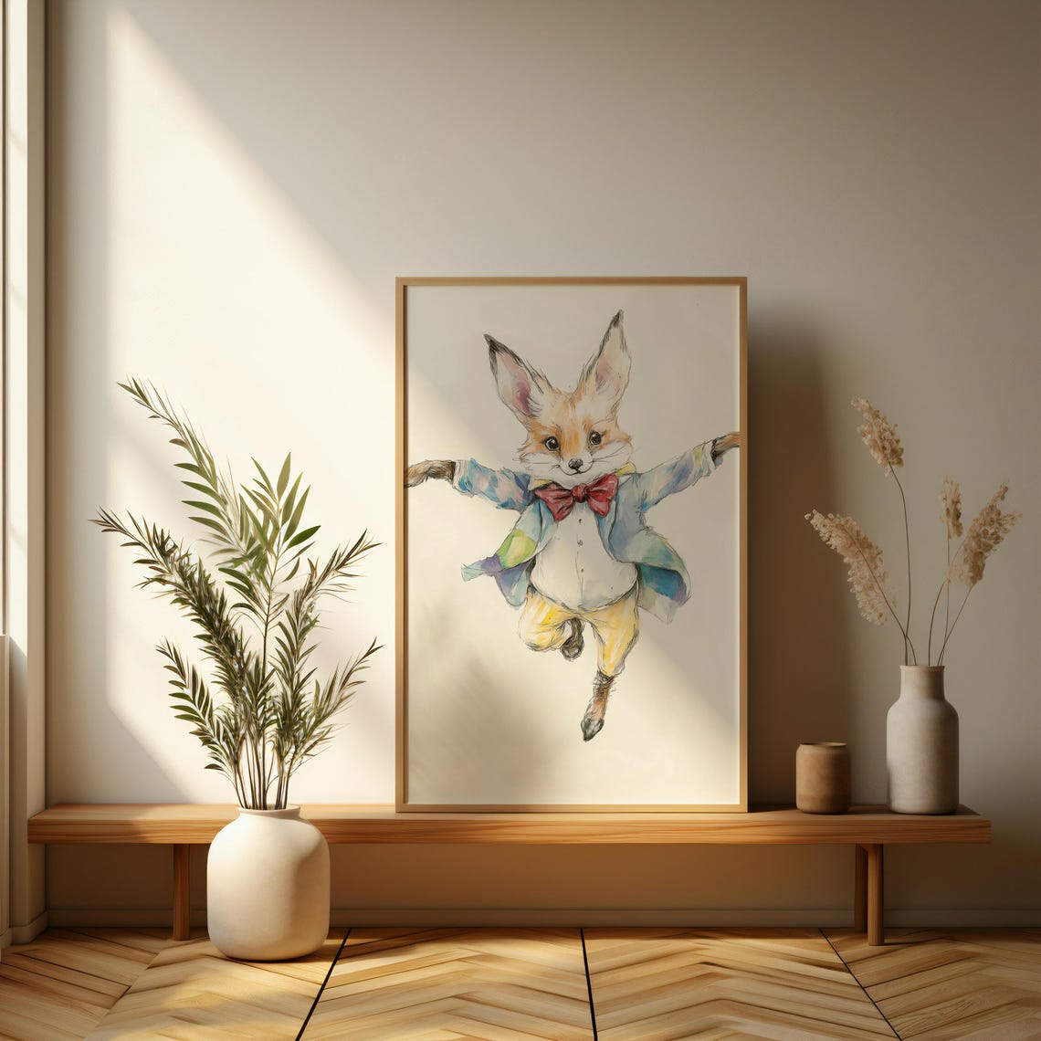 Gentleman Fox In Red Bow Tie Leaping Watercolor Animal Poster - Image 3