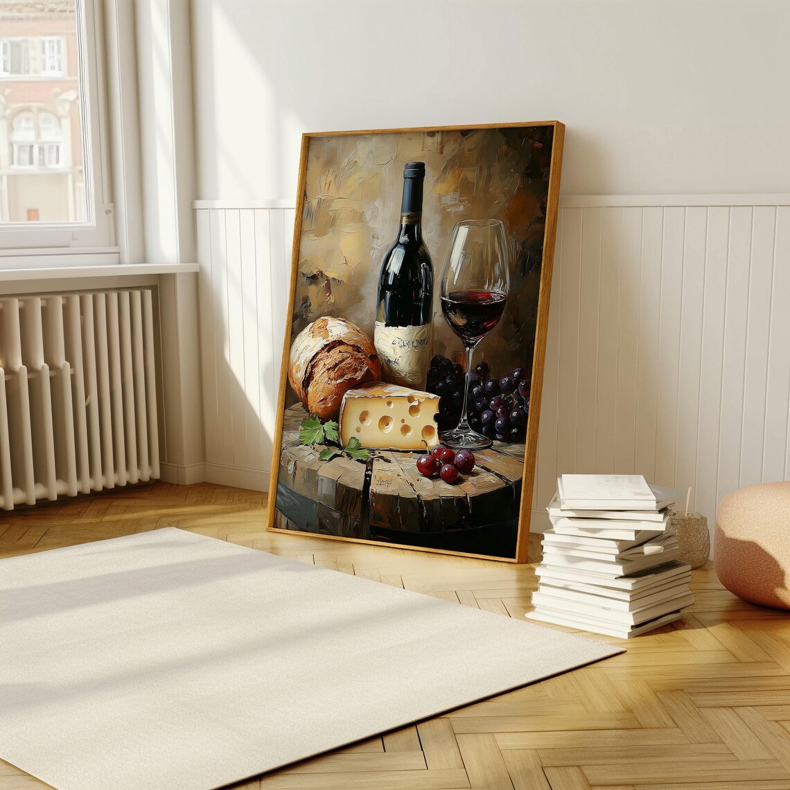 Red Wine Bottle Glass Bread And Cheese Still Life Rustic Oil Painting Poster - Image 5