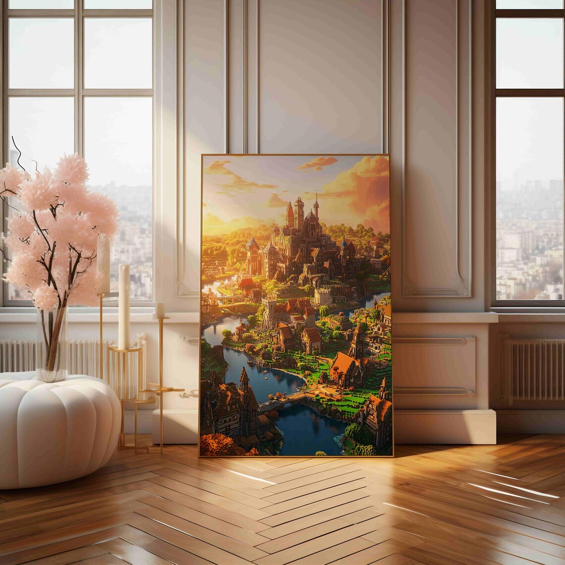 Voxel Castle Town By River At Sunset Epic Gaming Fantasy Art Print - Image 4