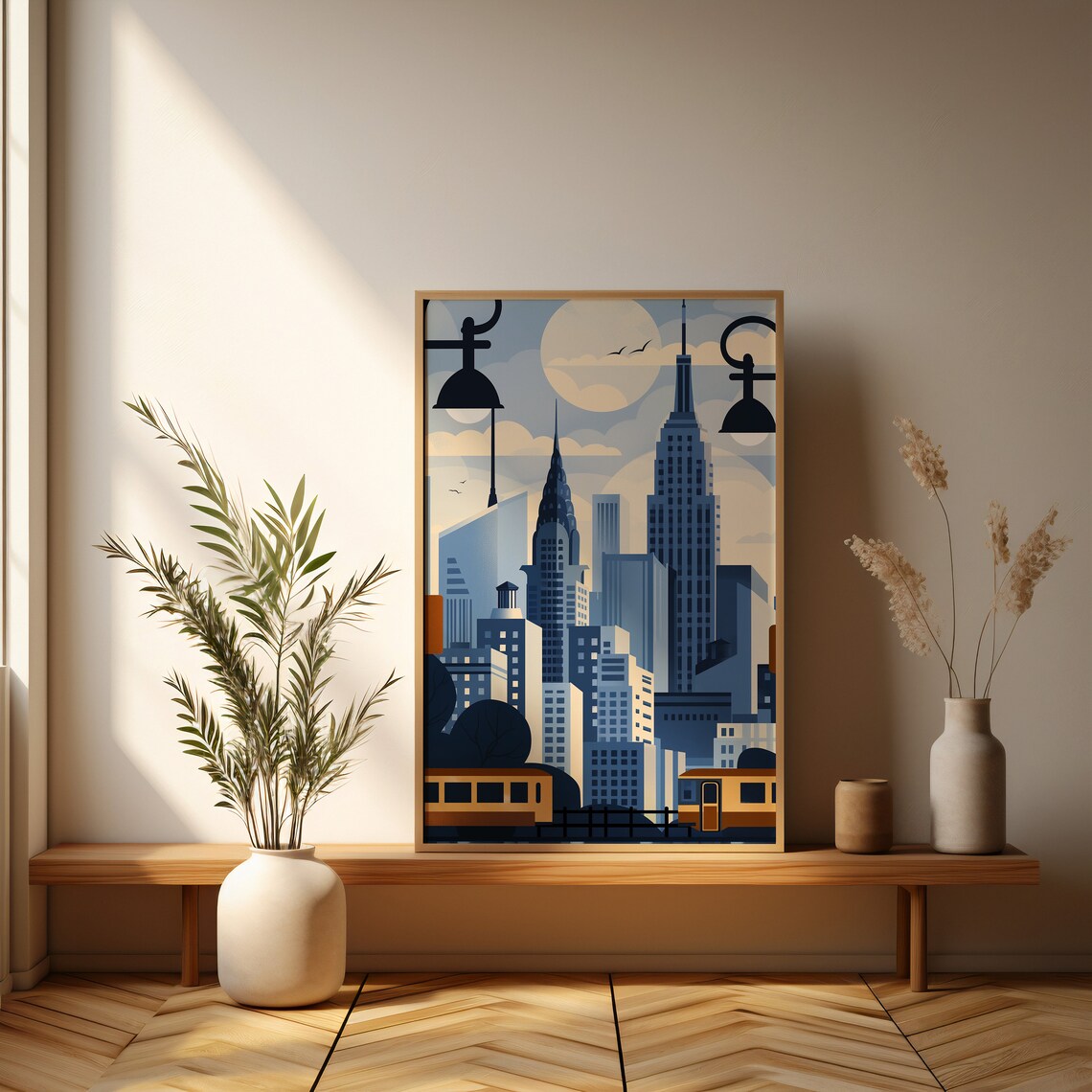 New York Skyline With Streetcar and Moon in Blue and Grey Poster - Image 3