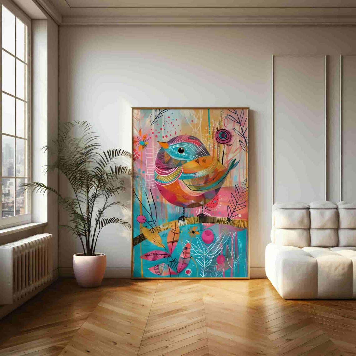 Whimsical Rainbow Songbird Perched Abstract Doodle Art Poster - Image 2