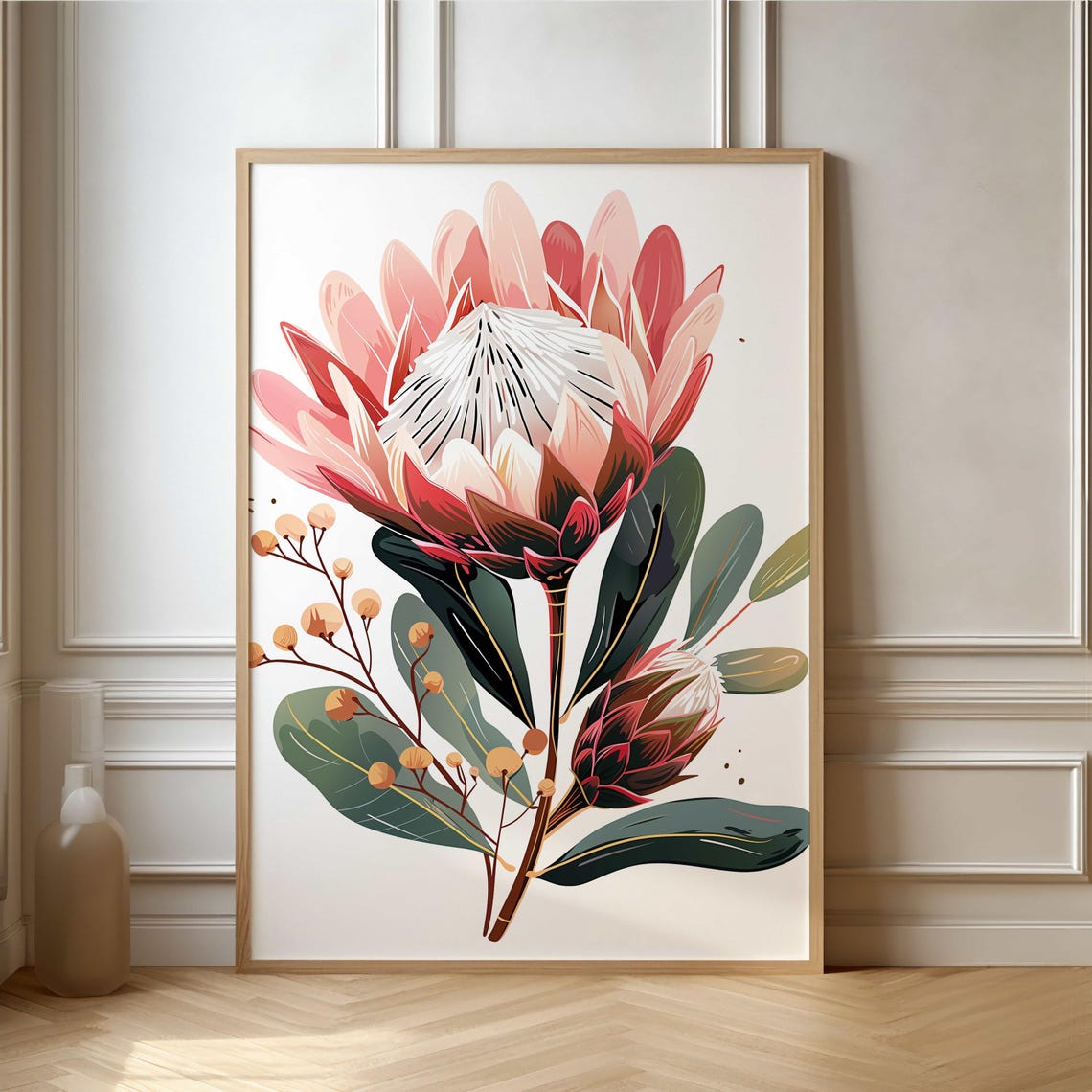 Blush Pink King Protea Stem Elegant Botanical Illustration Poster