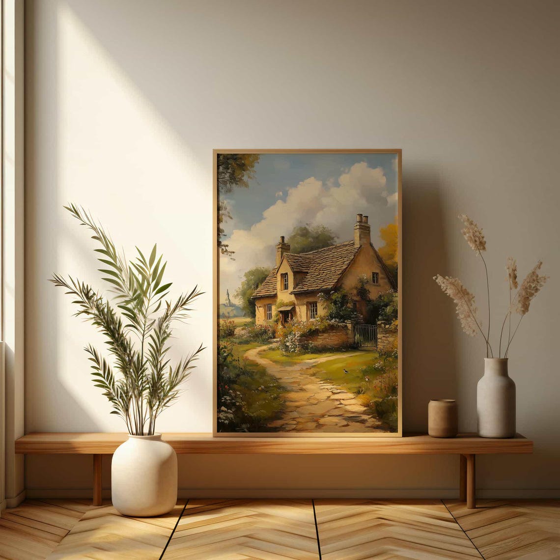 Charming Stone Cottage with Garden Path Rustic Oil Painting Poster - Image 3