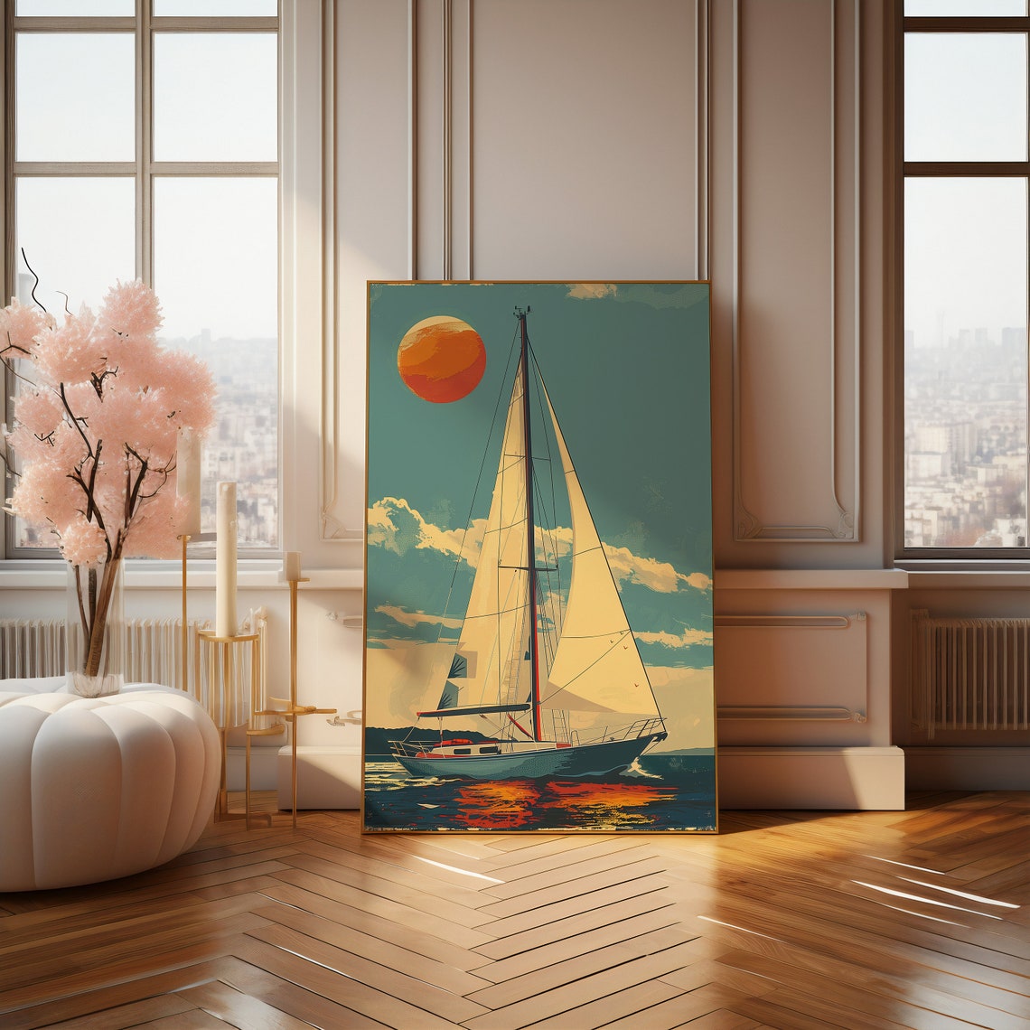 Retro Sailboat Under a Giant Orange Sun on a Teal Sky Art Poster - Image 2