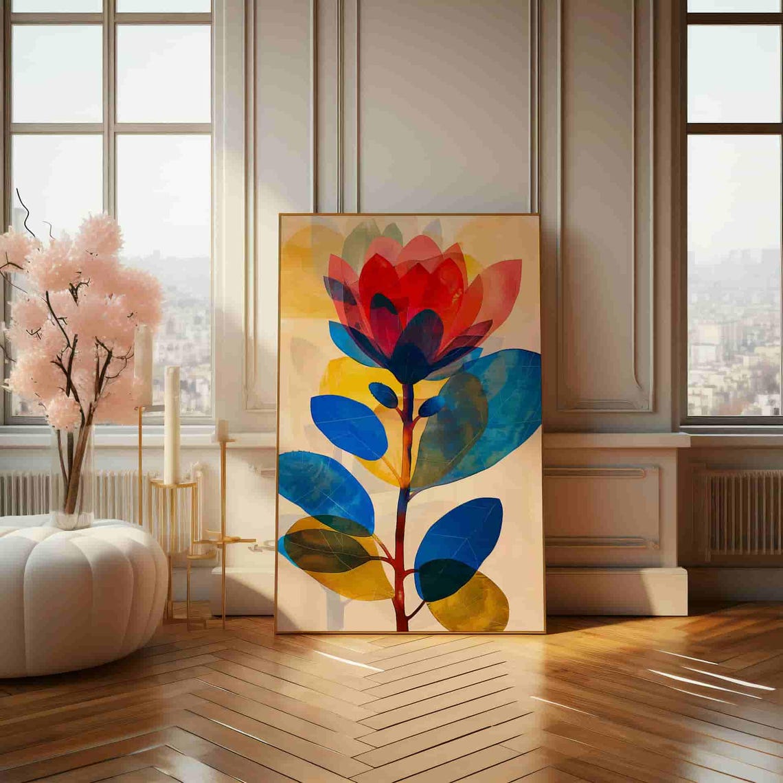 Translucent Red Flower With Blue Leaves Modern Abstract Poster - Image 3