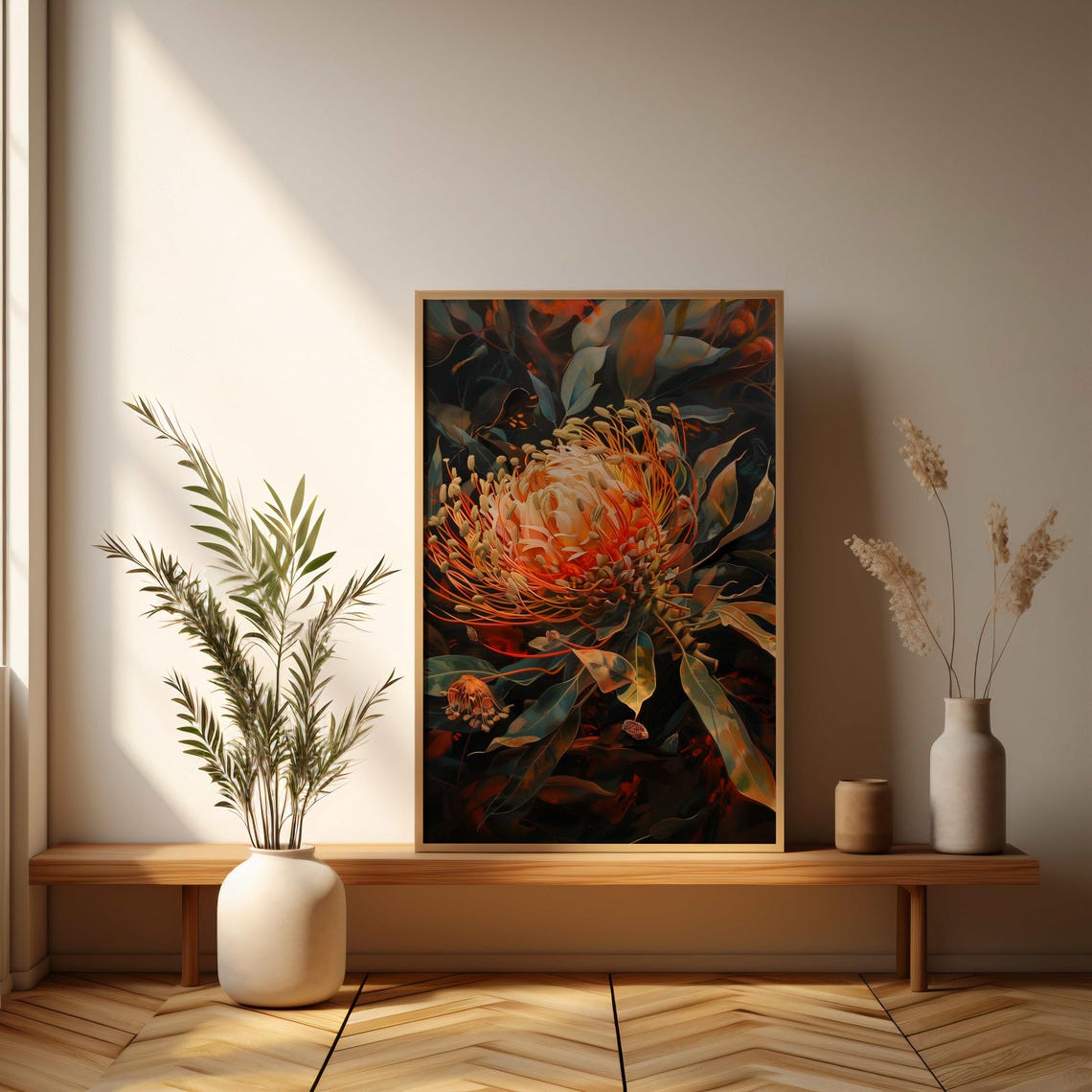 Golden Pincushion Protea Glowing Bright on Dark Foliage Poster - Image 3