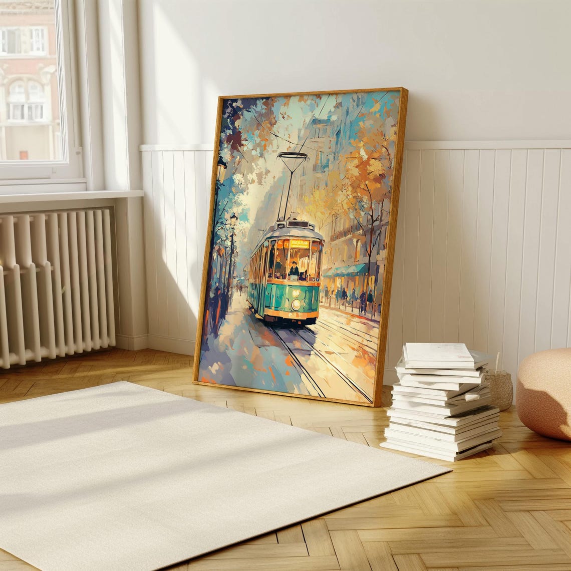 Vintage Tram Ride Through an Autumn City Street Painting Poster - Image 5