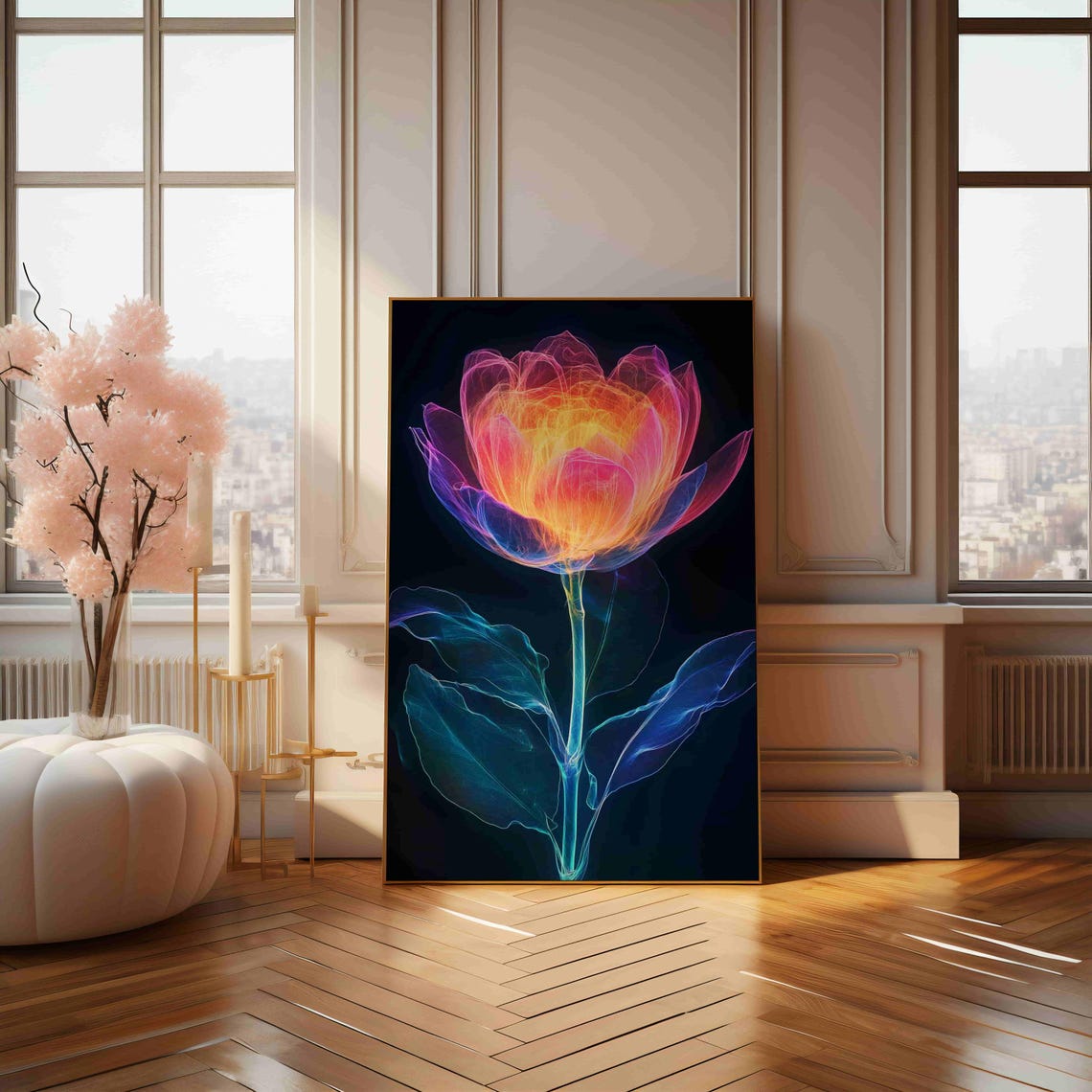 Glowing Neon Flower On Black Background Abstract Botanical Art Print - Image 4