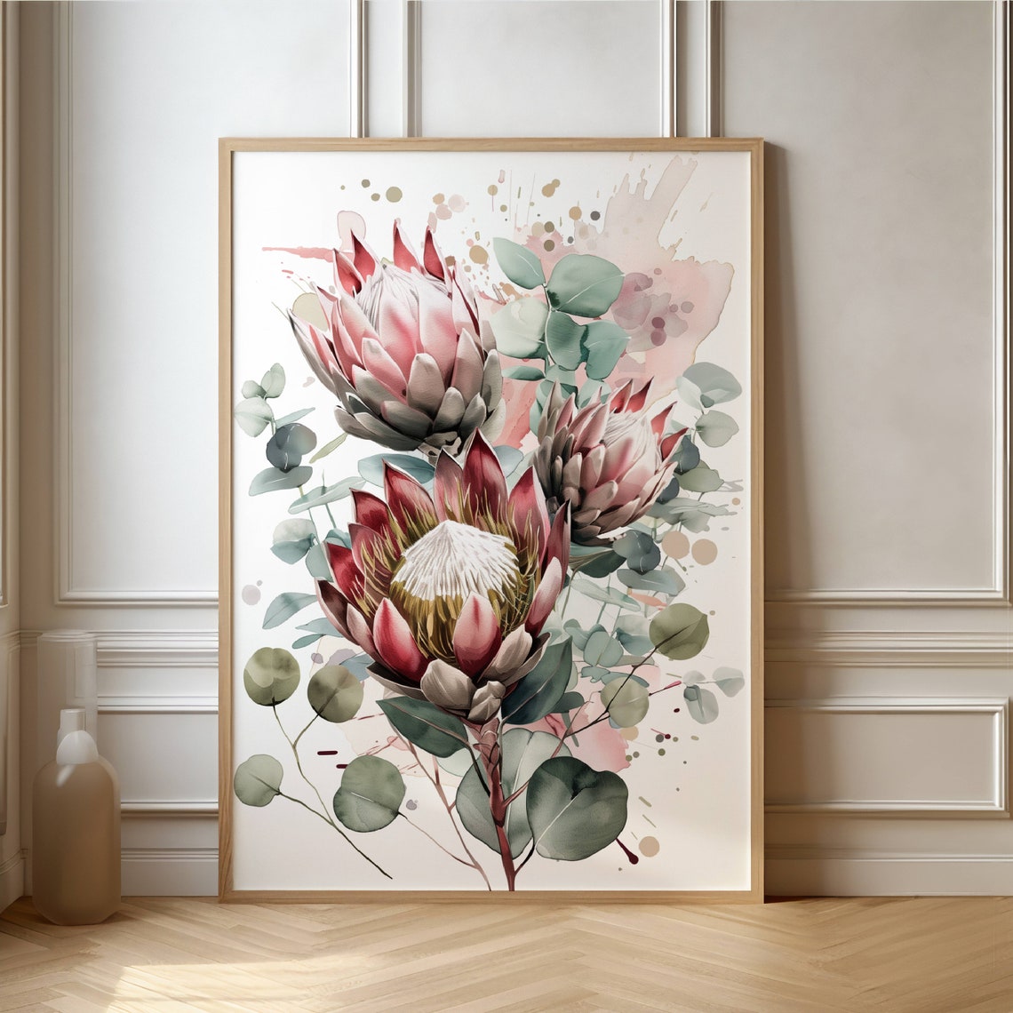 Pink King Protea Watercolor with Eucalyptus Botanical Art Poster