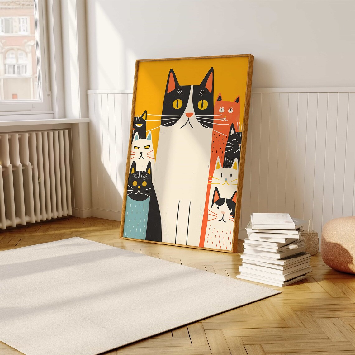 Cartoon Cat Family Group On Bright Yellow Background Art Poster - Image 5