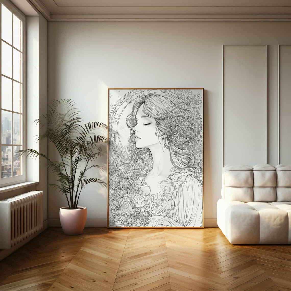 Art Nouveau Line Art Woman Profile With Flowing Floral Hair Poster - Image 2