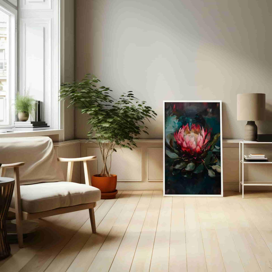 Pink Protea Abstract Loose Expressive Brushwork on Dark Teal Poster - Image 2