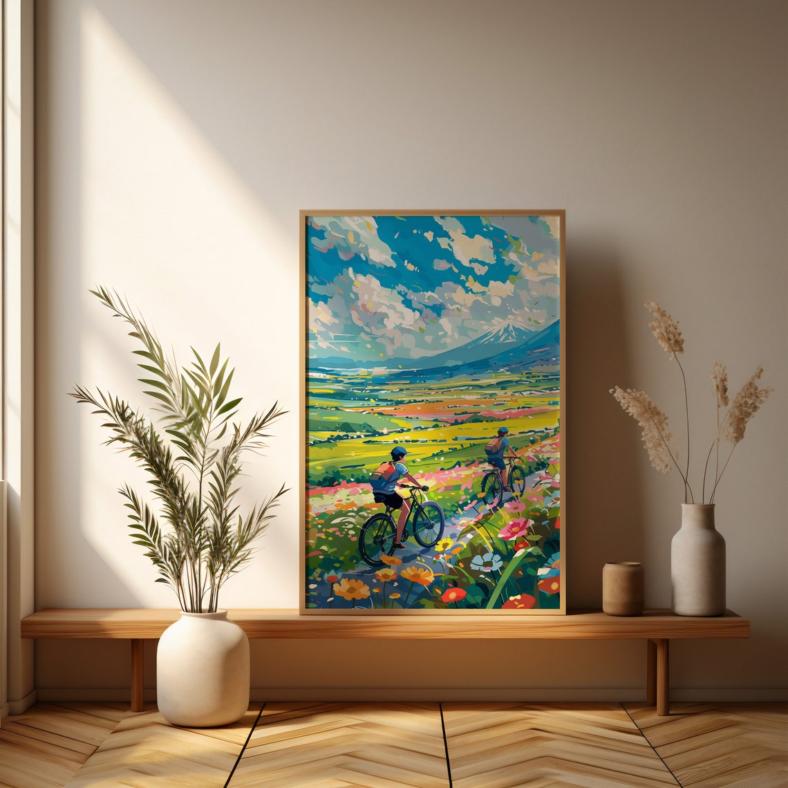 Cyclists Riding Through Flower Fields With Mount Fuji Beyond Poster - Image 3
