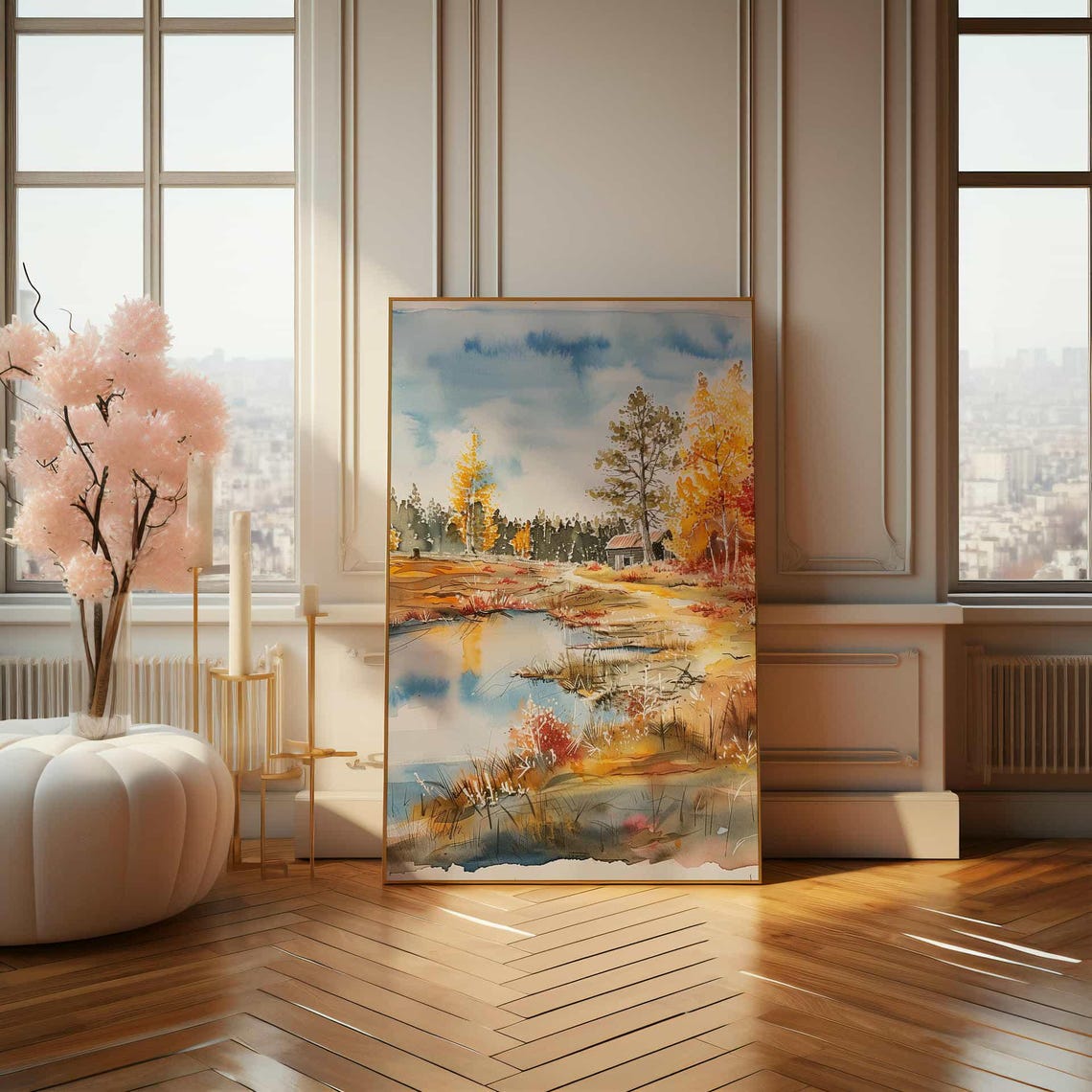Rustic Autumn Cabin by Lakeside Watercolor Landscape Painting Poster - Image 4