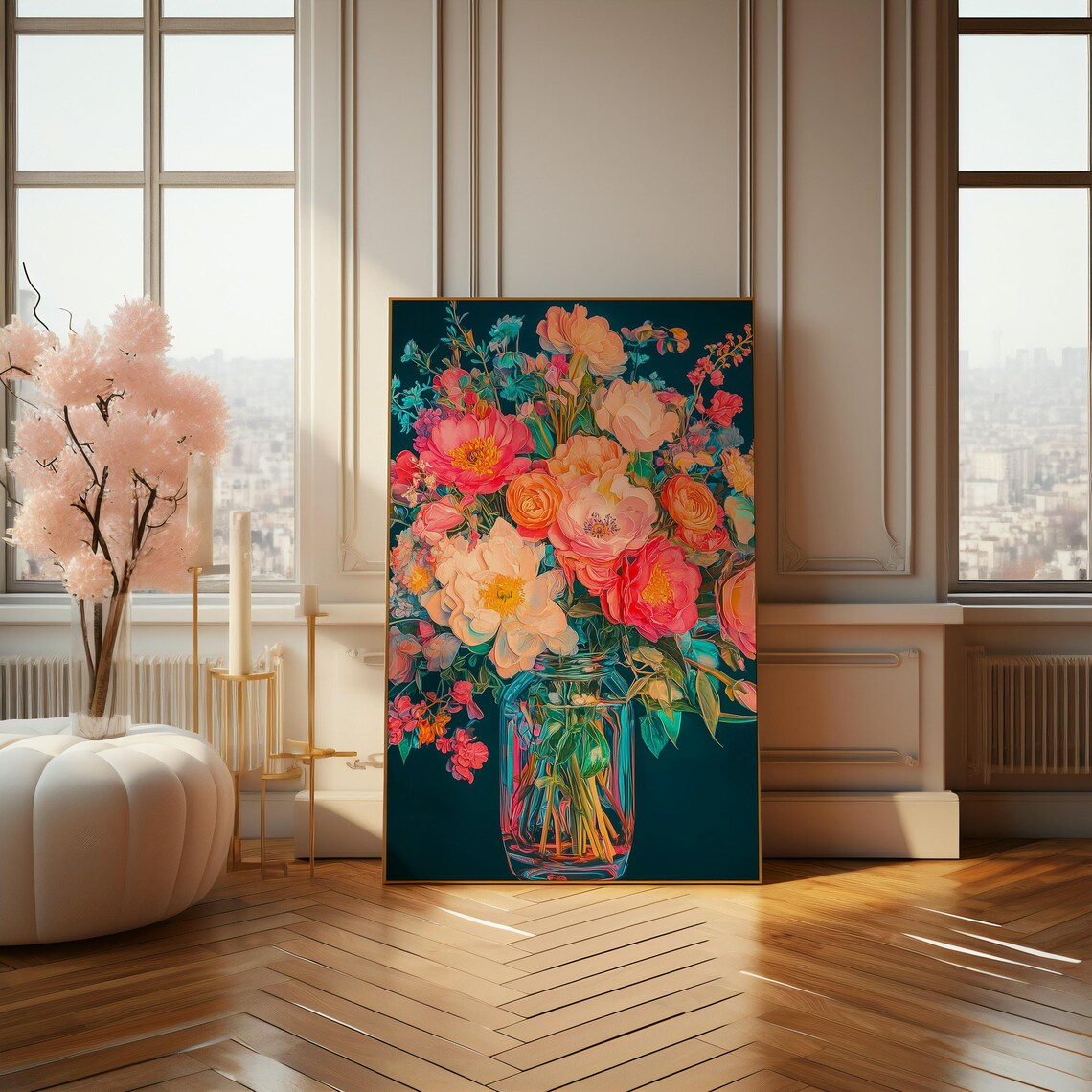 Vibrant Flower Bouquet in Glass Jar on Dark Teal Floral Poster Art - Image 4