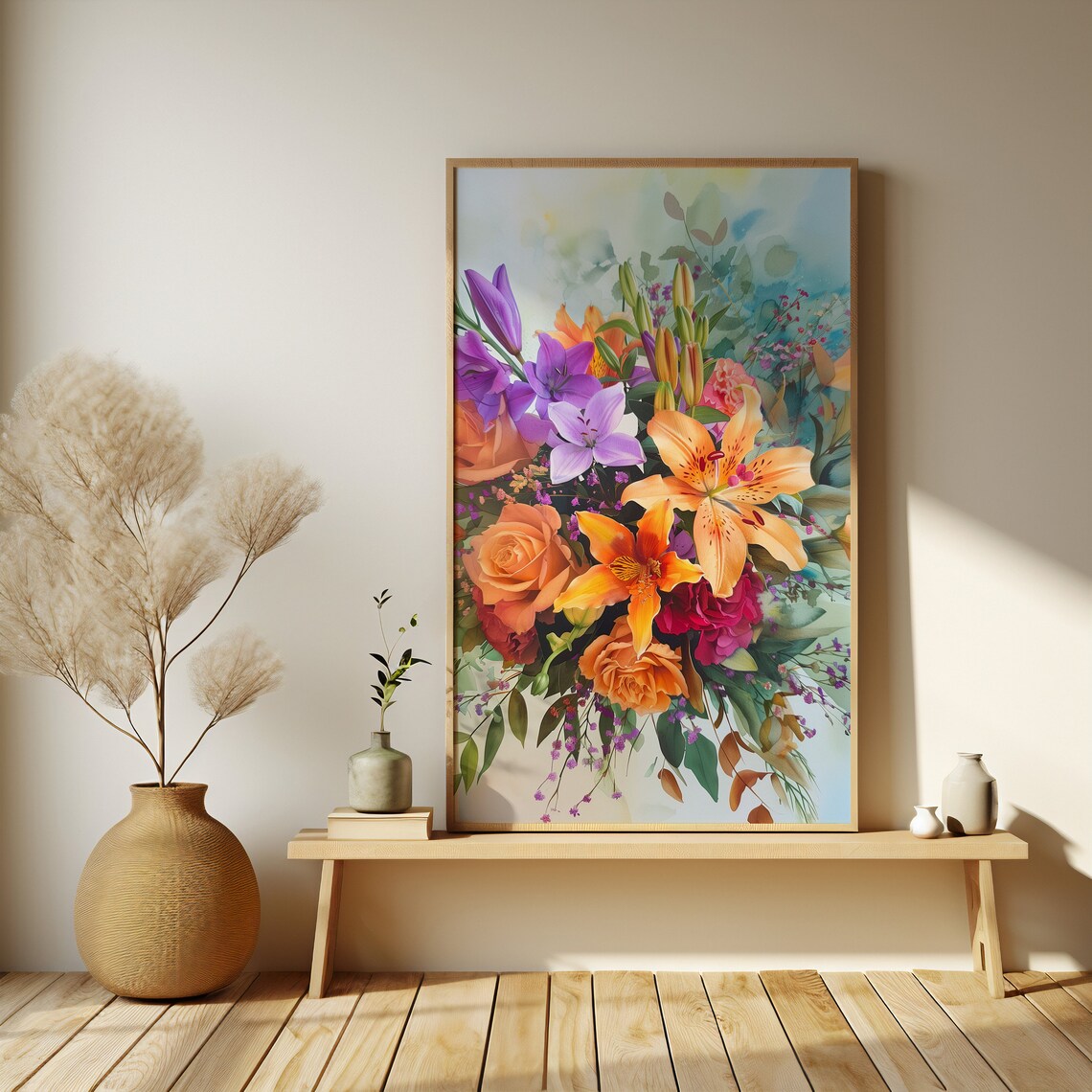 Vibrant Watercolor Bouquet With Lilies And Roses Floral Poster - Image 3