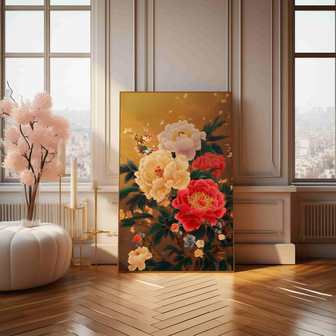 Japanese Style Peony Flowers On Golden Background Elegant Art Print - Image 4