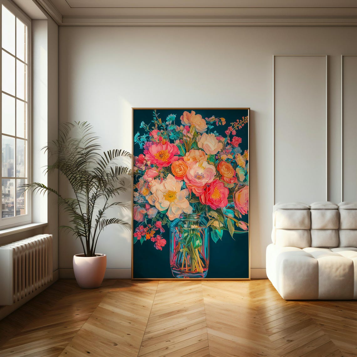 Vibrant Flower Bouquet in Glass Jar on Dark Teal Floral Poster Art - Image 2