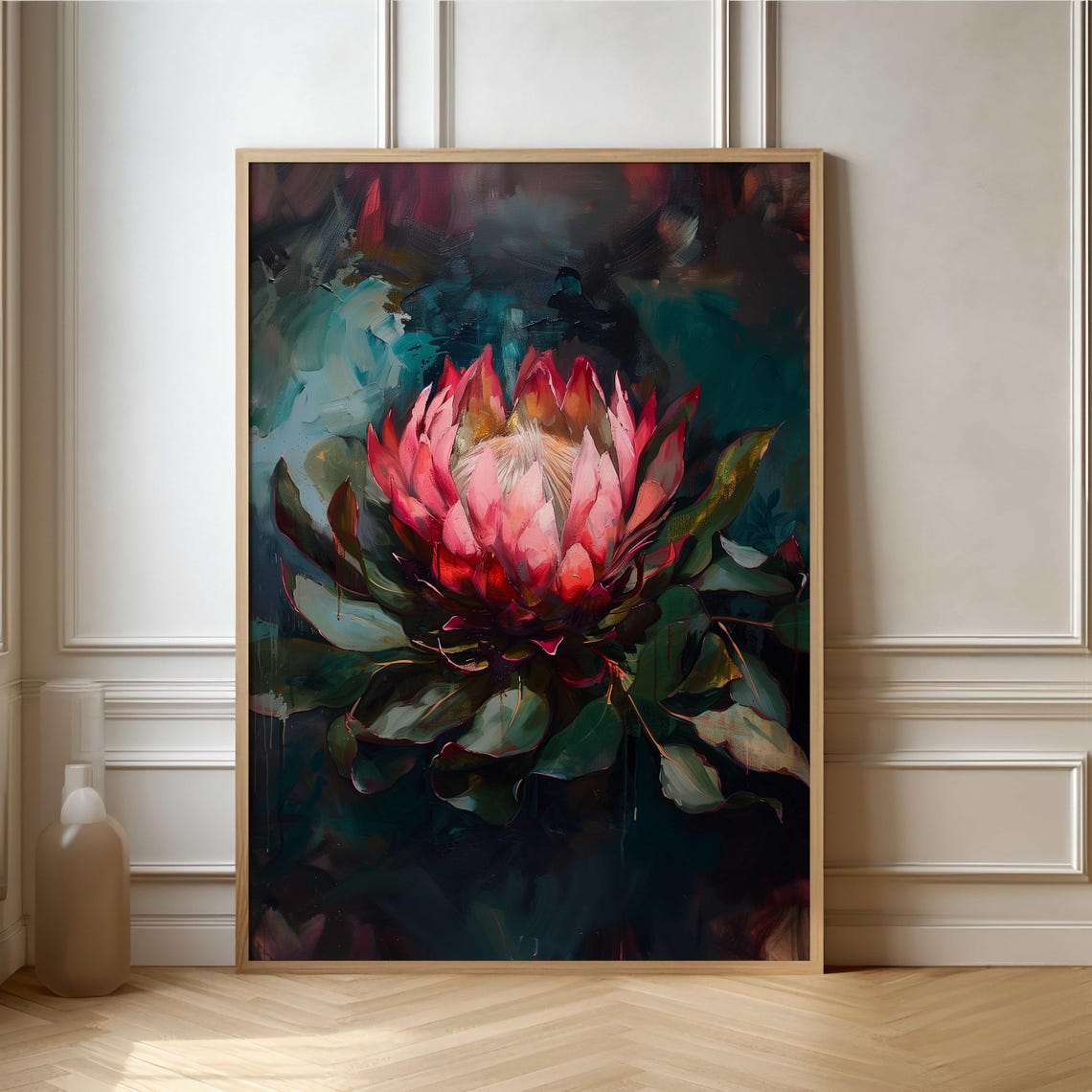Pink Protea Blossom Oil Painting on Moody Teal Backdrop Poster