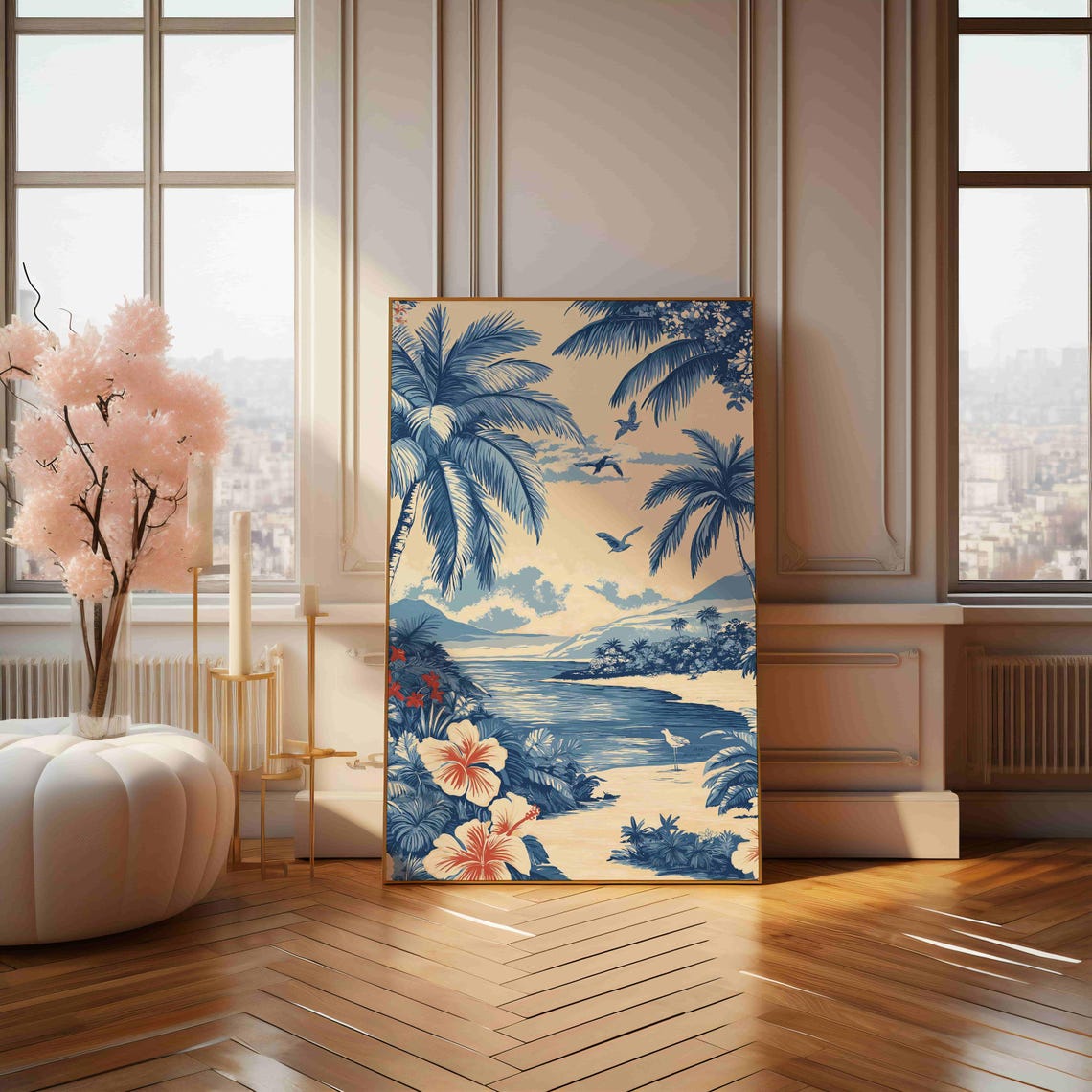 Blue And White Palm Beach Hibiscus Classic Chinoiserie Art Print - Image 4