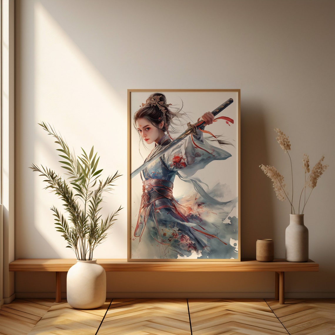 Asian Swordswoman Watercolor Elegant Warrior Woman Fantasy Art Print - Image 3