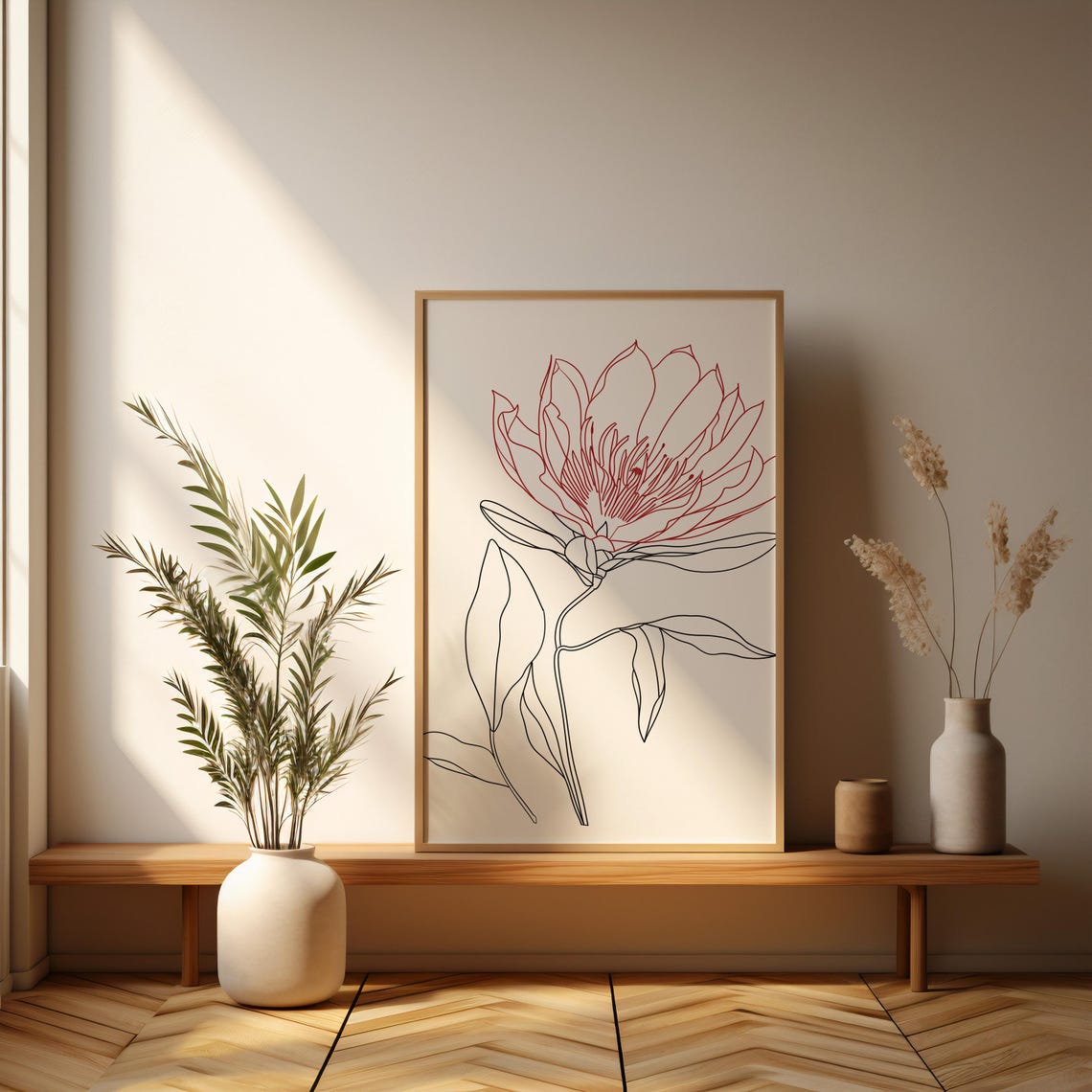 Single Protea Flower Minimal Red Line Drawing Modern Art Poster - Image 3
