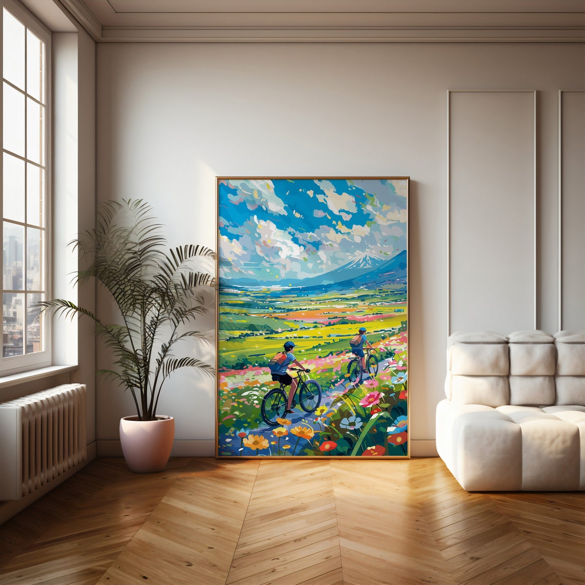 Cyclists Riding Through Flower Fields With Mount Fuji Beyond Poster - Image 2