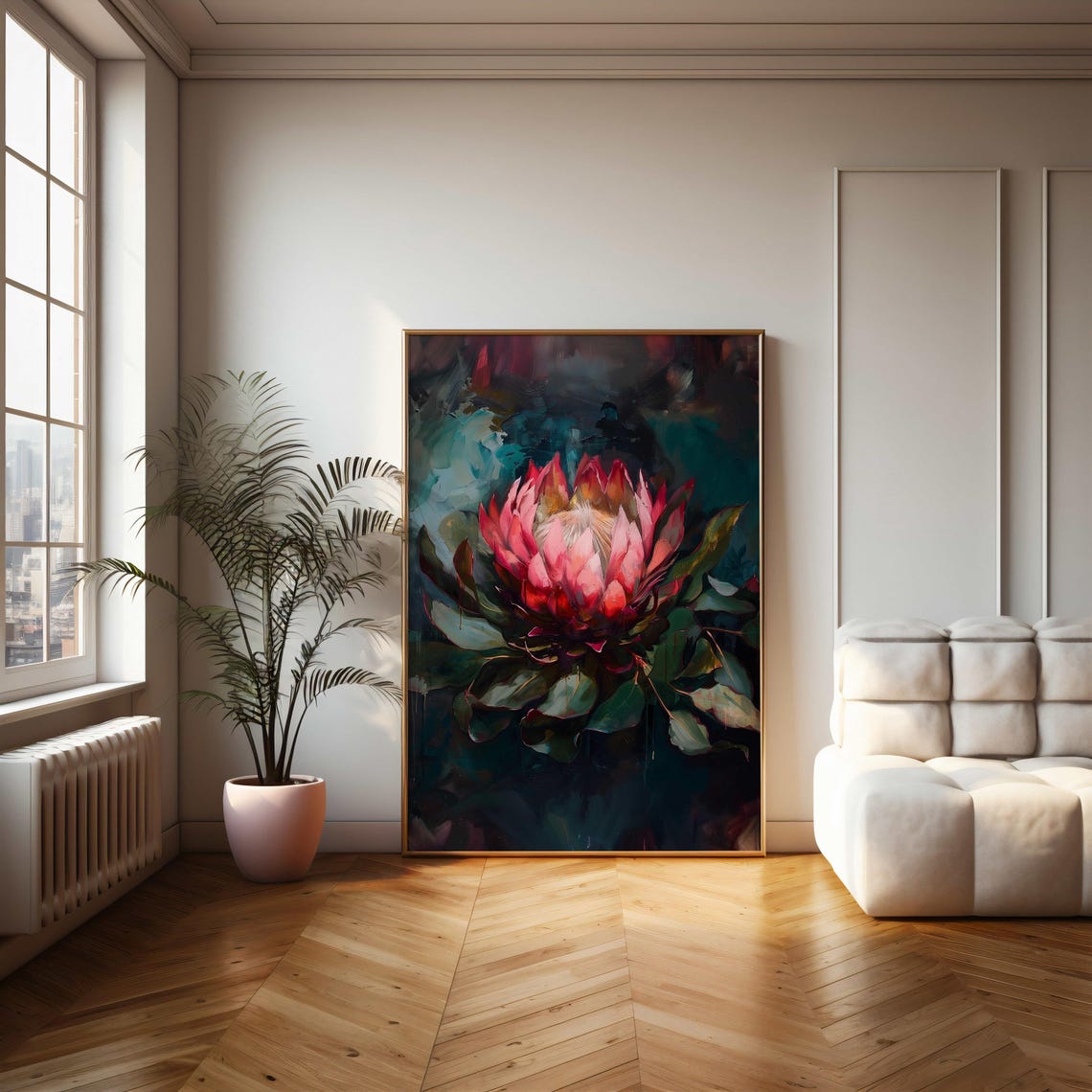 Pink Protea Blossom Oil Painting on Moody Teal Backdrop Poster - Image 2
