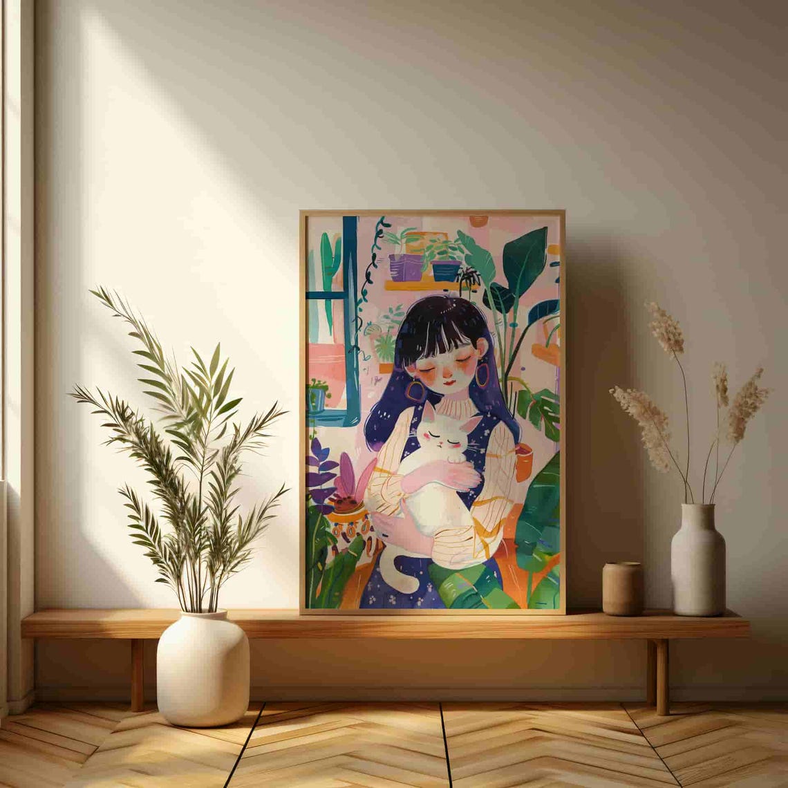 Cozy Illustration Girl Hugging White Cat With Plants Art Print - Image 3