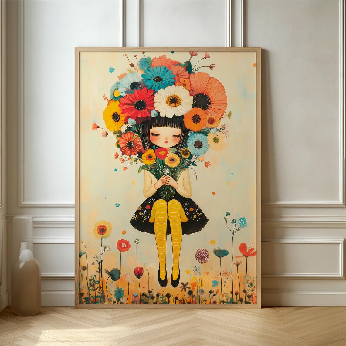 Sweet Girl Holding Giant Flower Bouquet Whimsical Illustration Poster