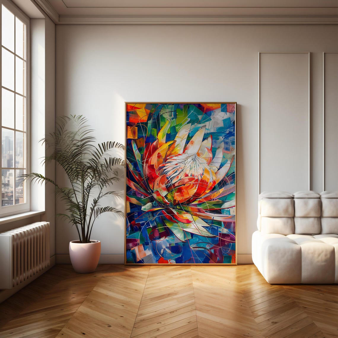 Abstract Cubist Protea Burst Orange Blue Geometric Art Poster - Image 2