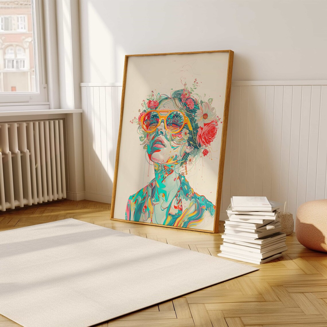 Woman In Yellow Sunglasses Colorful Floral Illustration Poster - Image 5