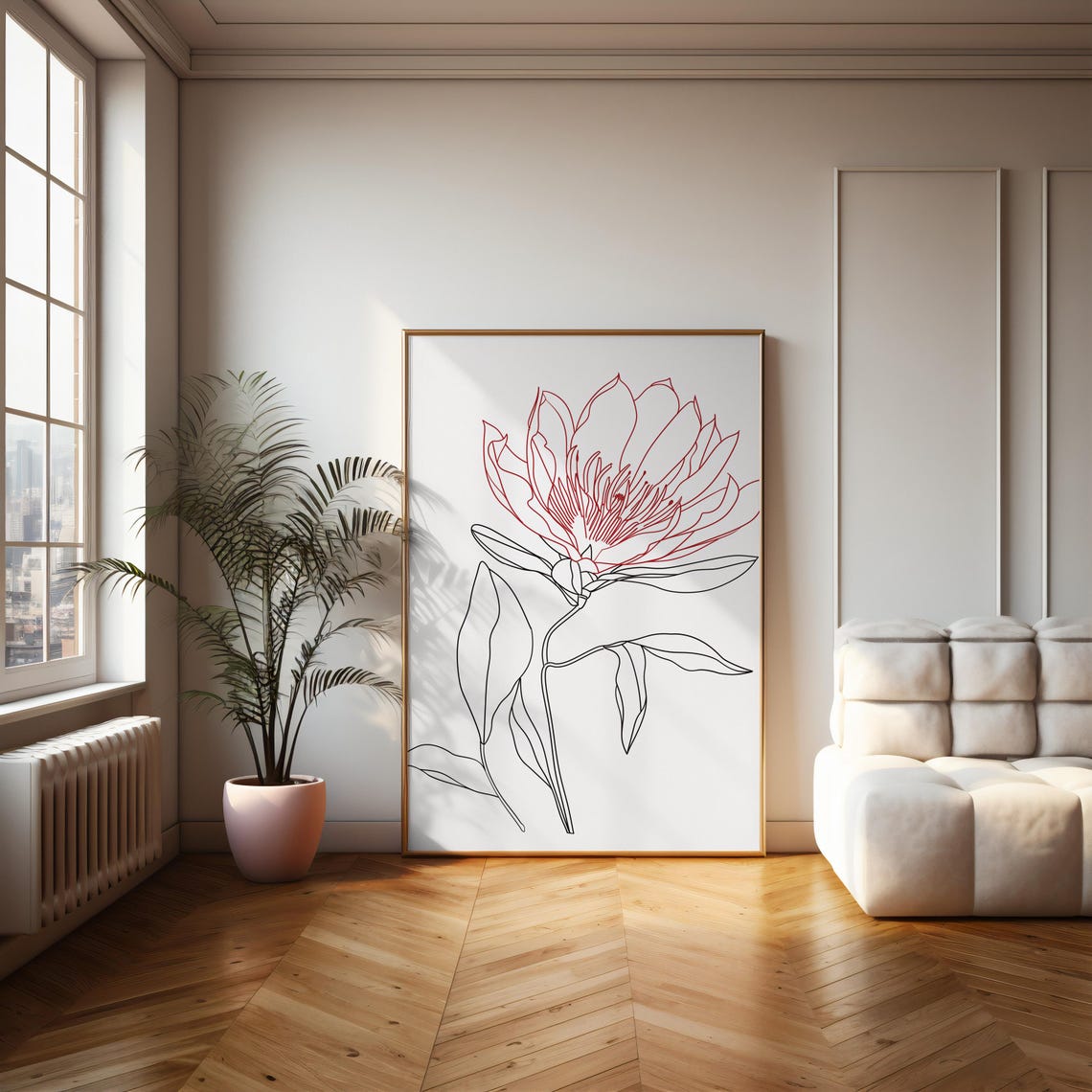 Single Protea Flower Minimal Red Line Drawing Modern Art Poster - Image 2