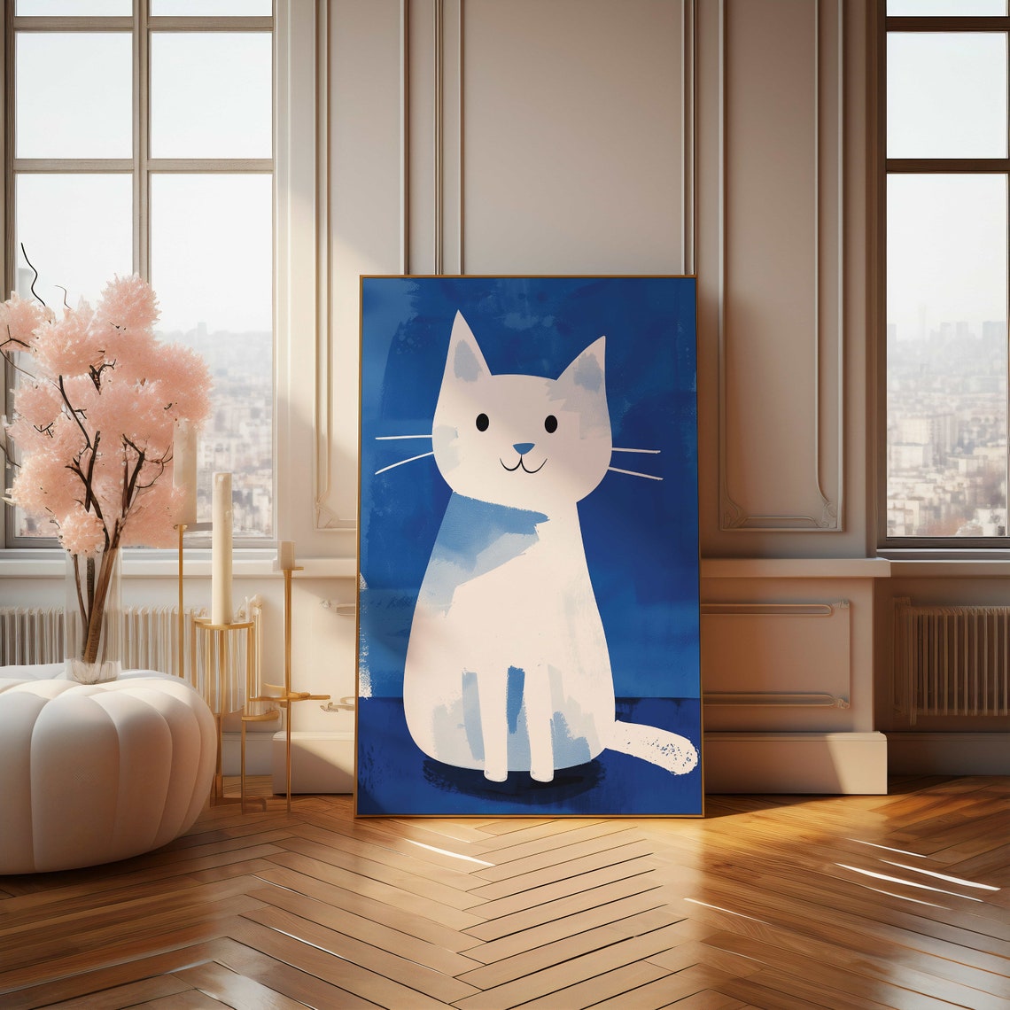 Smiling White Cat On Deep Blue Watercolor Whimsical Art Poster - Image 4